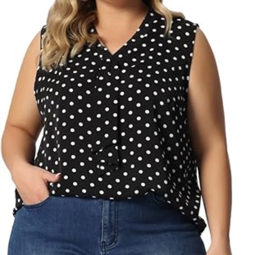 Agnes Orinda Plus Size Women's Polka Dots V Neck Tie Neck Sleeveless Blouses| 1X
